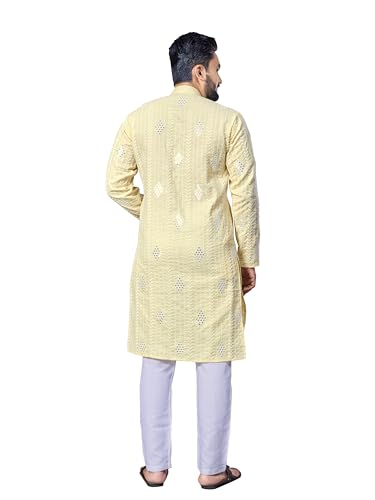 Men's Cotton Mirror Embroidered Traditional Kurta with Pajama Ethnic Wear Weddings & Festive Occasions B-VAN4