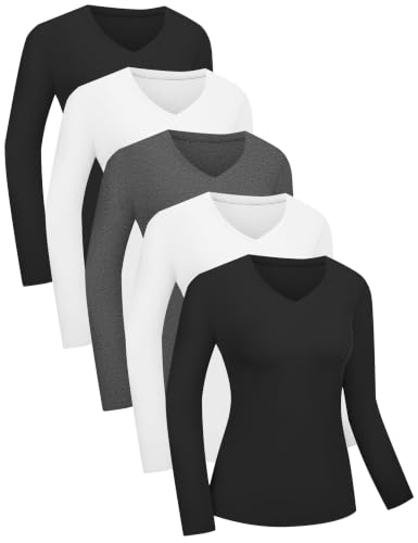 Kinglaman 5 Pack Womens Basic Long Sleeve V Neck Shirts Slim Fitted Tight T Shirts Underscrubs Fall Casual Going Out Tops 2 Black 2 White 1 Heather Grey Medium