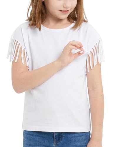 Image of Noomelfish Girls Fringe Sleeve T-Shirts Tassel Casual Summer Tee Tops (5-12 Years)