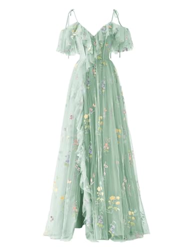 Flower Embroidery Tulle Prom Dresses for Women Spaghetti Straps Ruffle Long Formal Evening Party Gown