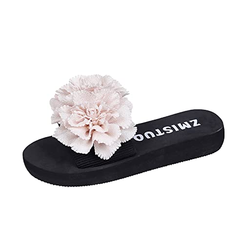 Ladies Fashion Summer Solid Color Suede Flower Decorative Open Toe Thick Soled Slipper Booties Women Indoor
