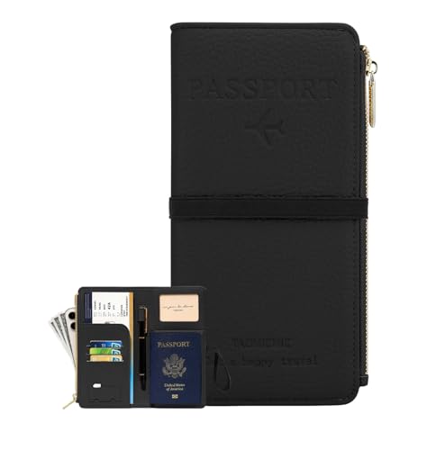 DOB SECHS Passport Holder for Travel Women Leather Passport Wallet RFID Blocking Passport Cover Case with Card Slots, Slim Travel Document Organizer Pouch Bag Zipper Cash Pocket Purse+ID Window, Black