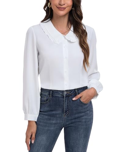 MINTLIMIT Women's Peter Pan Collar Shirt Long Sleeve Vintage Blouses Casual Work Button Down Shirts