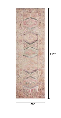 Loloi Layla Collection LAY-17 Pink/Lagoon 2'-6" x 12'-0" .13" Thick Runner Rug, Soft, Durable, Vintage Inspired, Distressed, Low Pile, Non-Shedding, Easy Clean, Printed, Living Room Rug