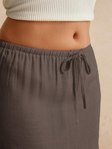 EARKOHA 2025 Women's Summer Maxi Skirt Drawstring Low Waist A Line Linen Long Flowy Skirts Coffee Brown1 XS3