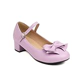 HJUGHPN Zapatos de vestir para mujer y niñas, zapatos de vestir para boda, fiesta, princesa, flores, para mujer, con lazo dulce, suela cómoda, tacón grueso, punta redonda (morado, 7)