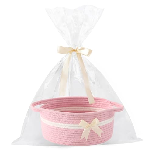 HomeyPine Empty Gift Bowknot Basket with Ribbons and Bow and Gift Bags, Decorative Baby Gift Baskets Empty Small Woven Rope Cat Dog Toys Basket with Handles, Pink