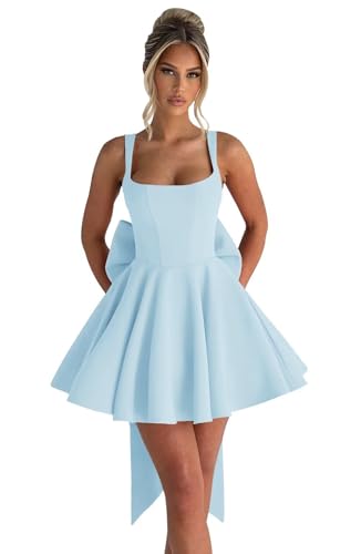 Image of Basgute Satin Short Homecoming Dresses with Bow Corset HOCO Dress A Line Mini Formal Prom Graduation Gown