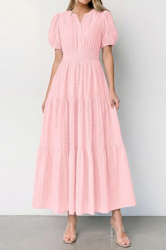 PRETTYGARDEN Womens Summer Maxi Dresses 2026 Casual Puff Sleeve V Neck Smocked Flowy Eyelet Cotton Dress Spring Sundress(Pink,XX-Large) — view 3