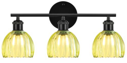 Image of Bathroom Light Fixtures, 3-Light Brushed Black Vanity Lights for Bathroom with Green Tulip Glass Shade, 20 inch Vintage Bathroom Vanity Lighting Fixtures Over Mirror for Bedroom Living Room Hallway