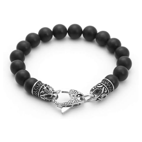 Starmond Black Beaded Bracelets for Men - 10mm Black Onyx Bracelet with Stainless Steel Clasp Dragon Design - Handmade Crystal Bracelets for Men Cover