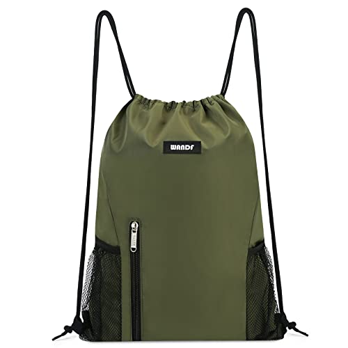 Image of WANDF Drawstring Backpack Sports Gym Sackpack with Mesh Pockets Water Resistant String Bag for Women Men (Dark Green)