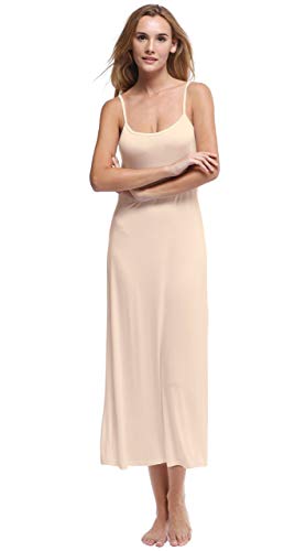 Shylve Damen Unterkleid Lang Sexy Unterkleider mit Trägern Nachthemd mit Rundhalsausschnitt Elastische Hosenträger (Hautfarbe, XL)