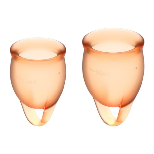 Satisfyer Feel Confident Menstrual Cup - Reusable Period Cup with Removal Ring - Soft, Flexible Body-Safe Silicone, Easy Insertion & Removal - Includes 2 Cup Sizes for All Flows (Orange)