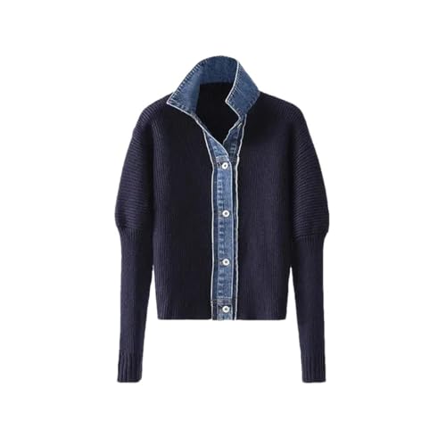 Womens Fashion Sweater Jacket Denim Patchwork Knitted Cardigan Turn-Down Collar Single Breasted Knit Coat