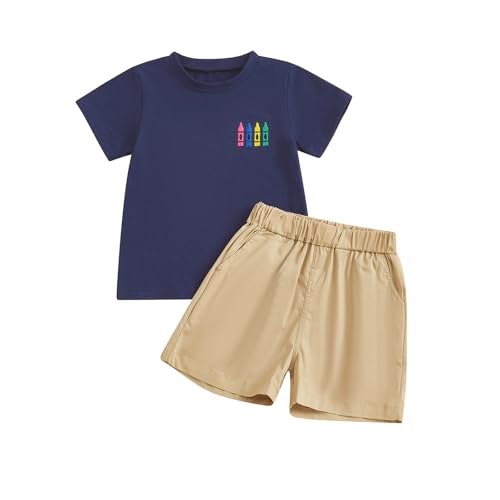 Thorn Tree Boys Back To School Outfit Funny Embroidery School Supplies T-Shirt Elastic Waist Shorts 2Pcs Summer Clothes (Navy Blue Crayon 4-5T)