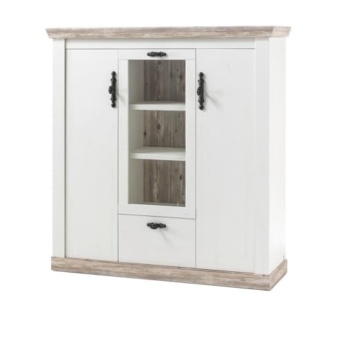 Furn.Design Highboard in weiß Pinie und Oslo Pinie Wohnzimmer Esszimmer Schrank Kommode Landhaus 140 x 146 cm Rovola (Highboard)