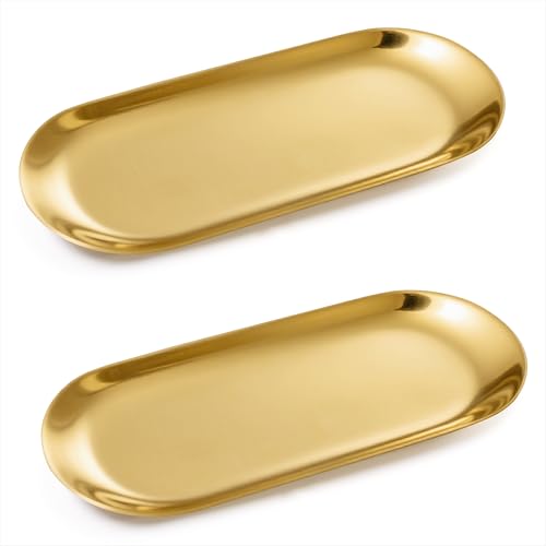Plateau Ovale Plateau de Rangement en Acier Inoxydable Plateau Décoratif Organisateur pour Bijoux Parfums Cosmétiques Clés Bougies Fruits, Or 2 Pièces