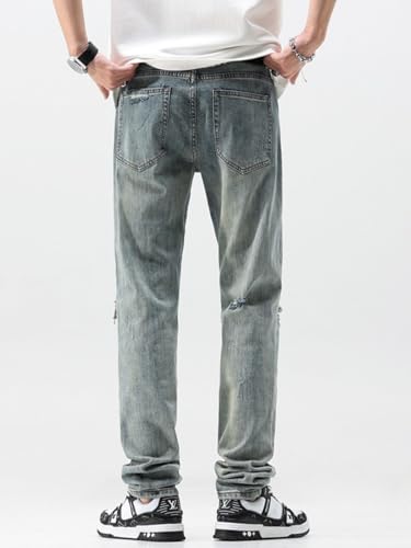 Jeans Pants Trousers Denim Summer Washed Distressed Embroidered Zipper High Street Slim Fit Men's Long4