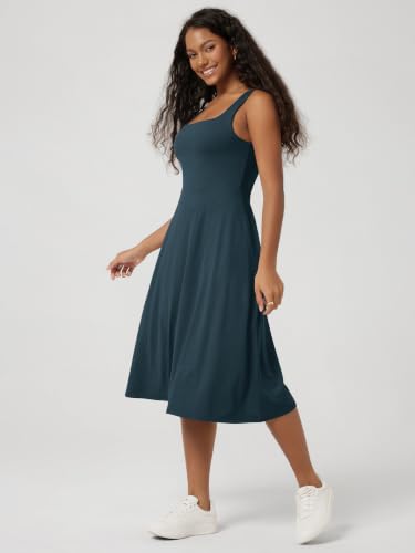 Image of ODODOS Square Neck Midi Dress with Pockets for Women Summer Casual Sleeveless Sundress Flare Tank Dress