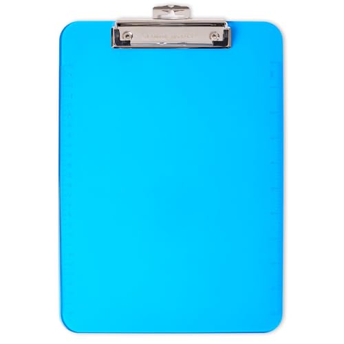Charles Leonard Transparent Plastic Clipboard with Low Profile Clip and Pull Out Hook, Letter Size, Neon Blue, 1 Each (89715)