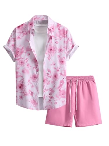GORGLITTER Men's 2 Piece Summer Vacation Outfits Floral Tropical Button Down Shirt and Shorts Sets