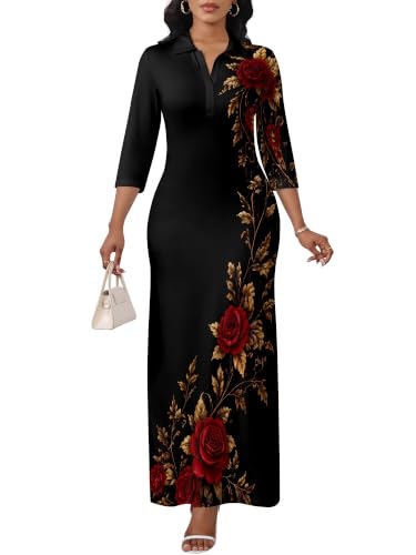 Image of PinkPatty Women's Casual 3 /4 Sleeve Polo V Neck Bodycon Maxi Dress