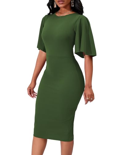 Image of WanMem Womens Basic Bodycon Ruffle Flared Short Sleeve Pencil Midi Dress