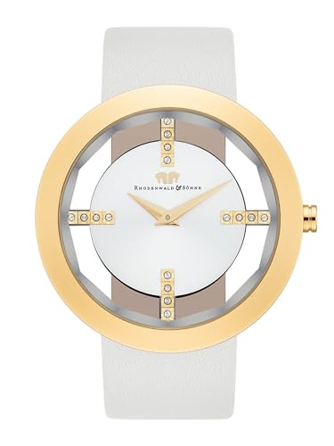 Rhodenwald & Söhne Lucrezia Damenuhr Edelstahl Gold 3 ATM verziert mit Kristallen Lederarmband weiß - Fashion-Uhr Frauen Skeletonoptik