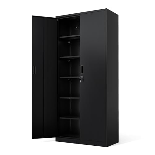 VINGLI Metal Garage Storage Cabinet with 2 Doors and 5 Adjustable Shelves, 71' Tall Steel Lockable File Cabinet, Locking Tool Cabinets for Home Office Garage Gym School (Black)