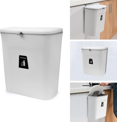 Image of 10 L Kitchen Compost Bin for Counter Top or Under Sink, Hanging Small Trash Can with Lid for Cupboard /Bathroom /Bedroom /Office /Camping, Mountable Indoor Compost Bucket (White)