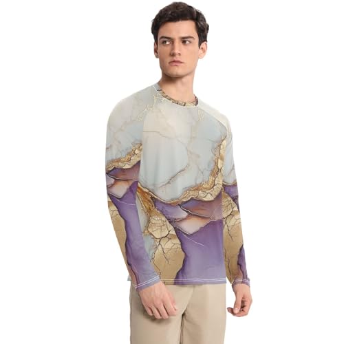 Marble White Purple Men's Swim Shirts UPF 50+ Elastic Round Neck Long Sleeve UV Sun Protection Running3
