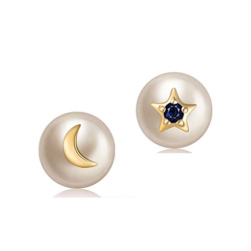 Estrellas Lunares Perla Pendientes Oro Amarillo De 18 Quilates Zafiro Aretes Calidad AAAA Redondo Perla Cultivada De Agua De Mar para Mujeres