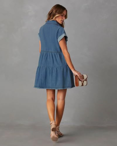Image of HBQ Women's Casual Babydoll Denim Shirt Dresses Short Sleeve Loose Fit Button Down Mini Jean Dress