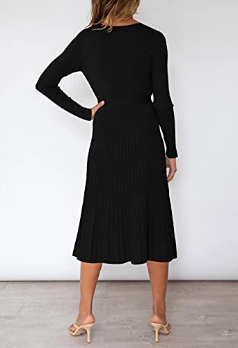 Midi Sweater Dress Women Long Sleeve Wrap V Neck Pleated Frilled Ribbed Bodycon Dresses Black Xl #TOP3