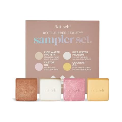 Kitsch 4pc Sampler Solid Shampoo and Conditioner Bar Set - Rice Bar Shampoo and Conditioner Bar, Castor Oil Shampoo Bar & Coconut Oil Deep-Moisturizing Hair Conditioner Bar, Zero Waste Cover