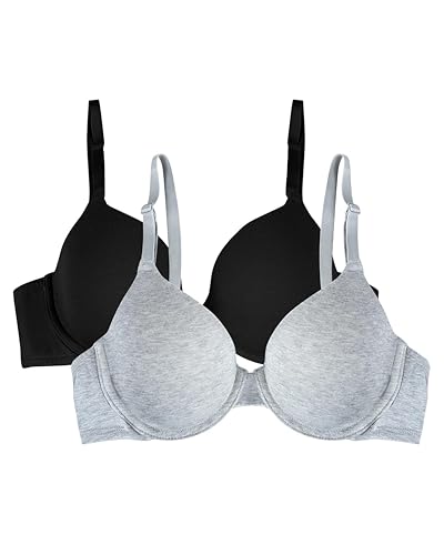 Fruit of the Loom Women's 2-Pack T-Shirt Bra, Black/Heather Grey, 34A