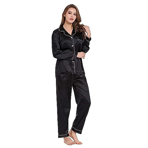 SOFTHO Women's Satin Pajama Set - Long Sleeve Button-Down Top & Elastic Waist Pants, Comfy Sleepwear - View #8