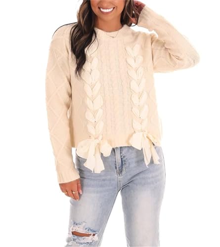 Women's Y2K Satin Ribbon Sweater Bow Lace Up Long Sleeve Knit Pullover Shirt Sweet Cute Cable Knitted Jumper Top3