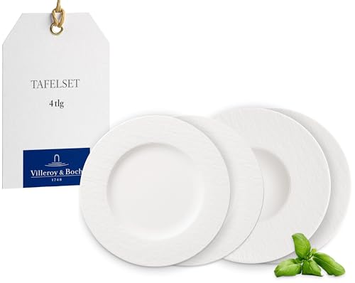 Villeroy & Boch – Manufacture Rock blanc Teller-Set 4 teilig für 2 Personen Weiß, Spülmaschinenfest, Mikrowellensicher, Teller Set, Geschirrset, Tafelservice, Geschirrset Modern, Premium Porzellan