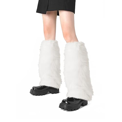 XEPST Faux Fur Fuzzy Leg Warmers Furry Boot Covers for Women Warm Fuzzy Boot Cuff Boot Sleeves Leg Warmers for Party Costumes - White