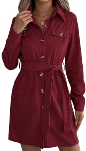 Robe chemise velours côtelé col manches longues ceinture vêtement femme