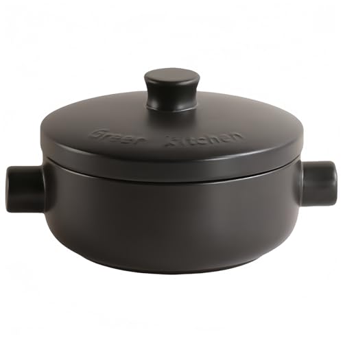 セラミックタジン鍋モロッコ料理用 蓋と蒸し器付きキャセロール シチュースープポット耐熱鍋 多機能 調理器具 (丸型ハンドルスープポット 2.5L,ブラック)