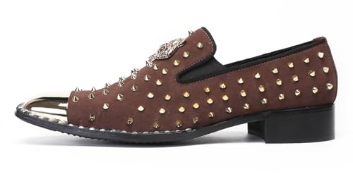 Santimon Men's Slip On Western Wedding Loafers - Gold Glitter Rhinestone Suede Shoes with Metal Square Toe for Party Disco Ballroom2