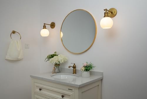 Image of Yosoan Boho Aged Brass Gold Vanity Bathroom Wall Sconce with Milk Shade, 1-Light Indoor Hardwired Wall Mounted Vintage Industrial Lights with Ribbed Round Glass Lamp for Mirror Living Room(Antique)