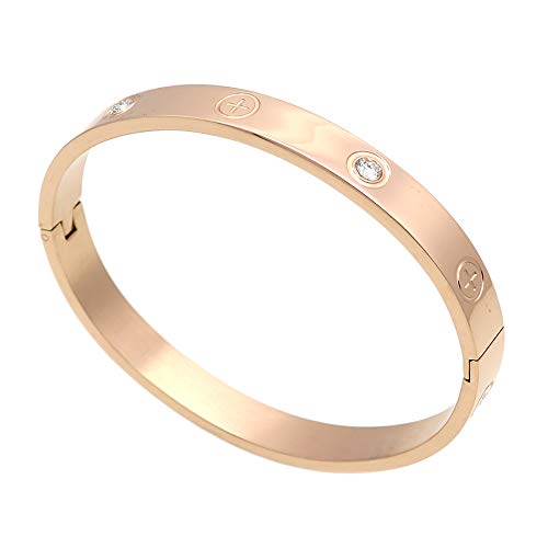SEFILKO Luxury Gold -Plated Stainless Steel with CZ Stone Simple Style Love Bangle Bracelet for Women Men (Rose size 16cm)