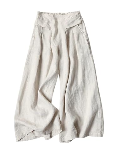 SCUSTY Linen Pants for Women Culottes Capris Wide Leg Palazzo Cropped Flowy Trousers(Beige-L)