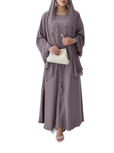 Open Robe Abaya Set With Lace Trim Sleeveless Inner Dress & Chiffon Headscarf - Lightweight Modest & Breathable For Spring/Summer (violet Small)