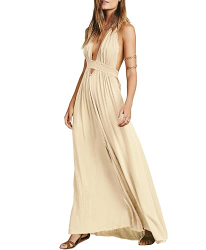 Image of R.Vivimos Boho Maxi Dresses for Women 2026 Summer Sleeveless Halter Elastic Waist Sexy Backless Front Slit Flowy Long Dresses