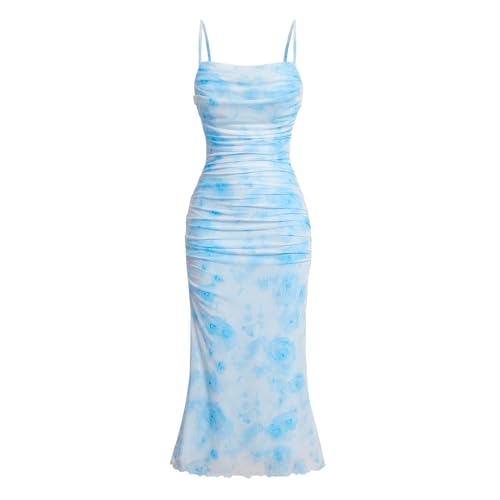 Image of Women's Floral Ruched Bodycon Midi Dress Sleeveless Mesh Fishtail Slip Dresses